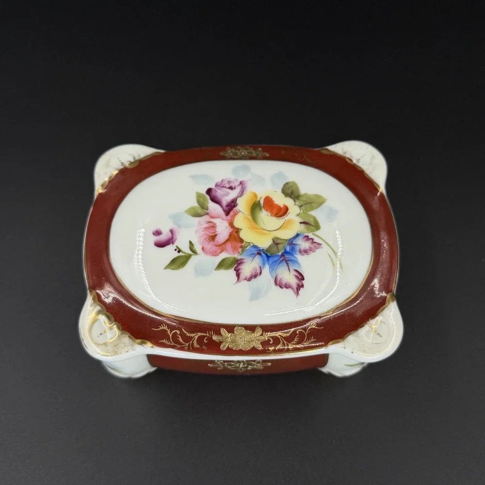 Vintage Occupied Japan Hand Painted Trinket Box Red Gold Floral